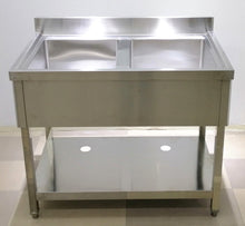 Load image into Gallery viewer, Stainless Steel Double-Bowl Sink With "Skirting", Backsplash & Undershelf - 100 X 60 X 85cmH