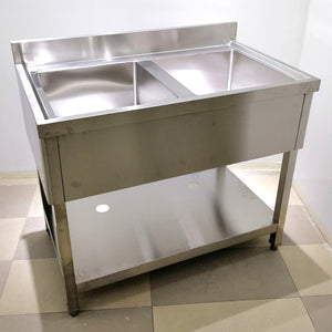 Stainless Steel Double-Bowl Sink With "Skirting", Backsplash & Undershelf - 100 X 60 X 85cmH