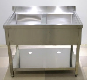 Stainless Steel Double-Bowl Sink With "Skirting", Backsplash & Undershelf - 100 X 60 X 85cmH