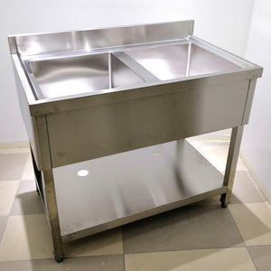 Stainless Steel Double-Bowl Sink With "Skirting", Backsplash & Undershelf - 120 X 60 X 85cmH