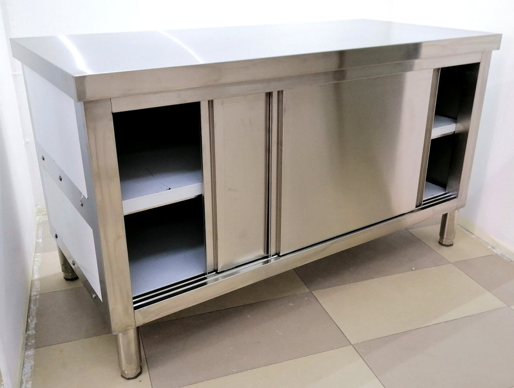 Stainless Steel Cabinet with Sliding Doors & Internal Shelf - 120 x 70 x 85cmH