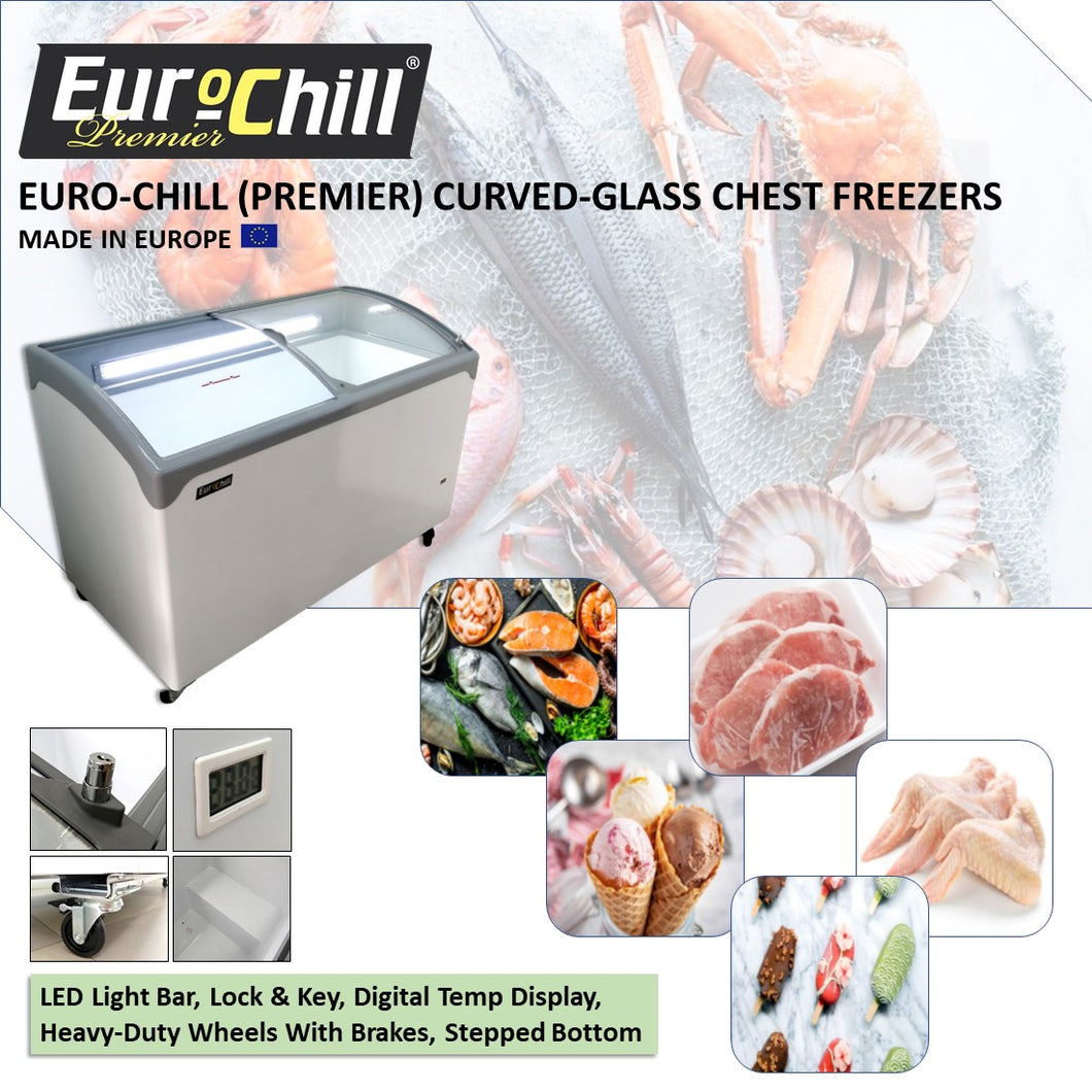 EURO-CHILL (PREMIER) Chest Freezer With Curved Sliding Glass & LED Light (500L)